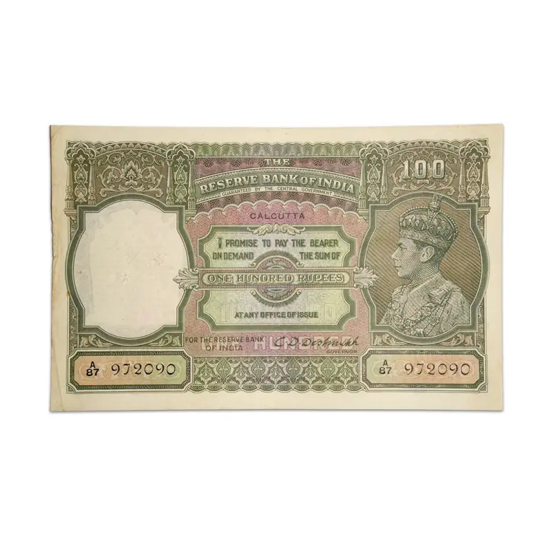 British India Rare 100 Rupees 1944 CD Deshmukh P-20e