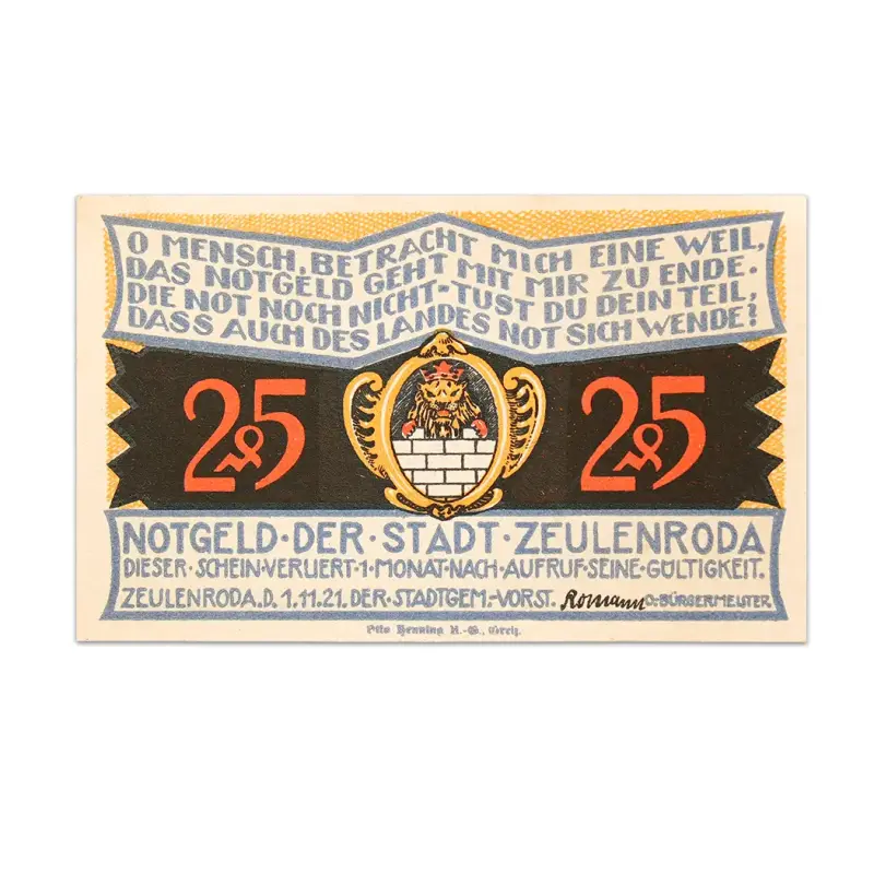 Germany 25 pfenning 1921 Notgeld - City of Zeulenroda - 100 years old