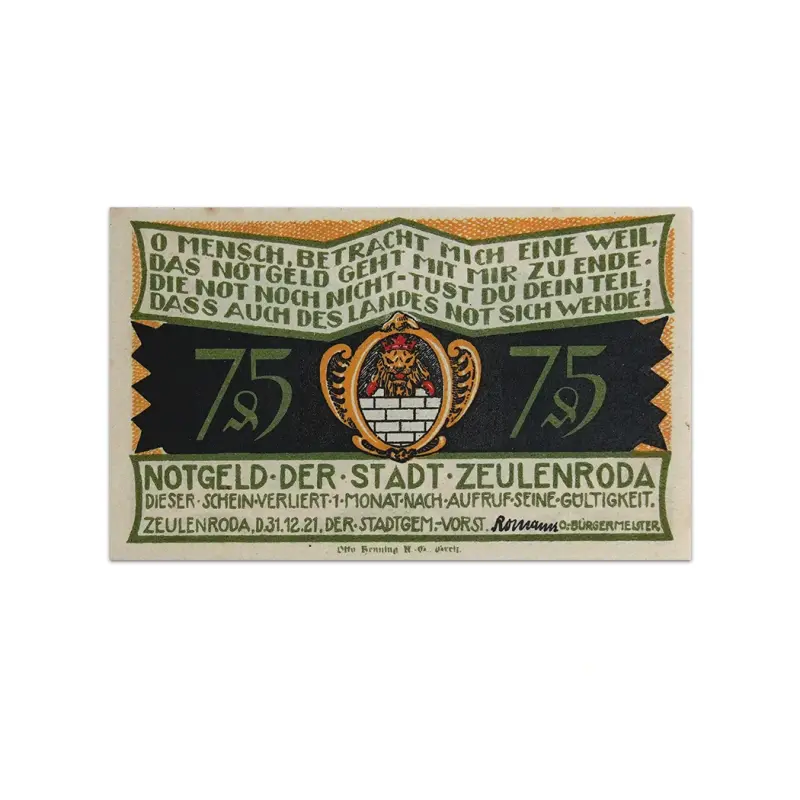 Germany 75 pfenning 1921 City of Zeulenroda Notgeld more than 100 years old