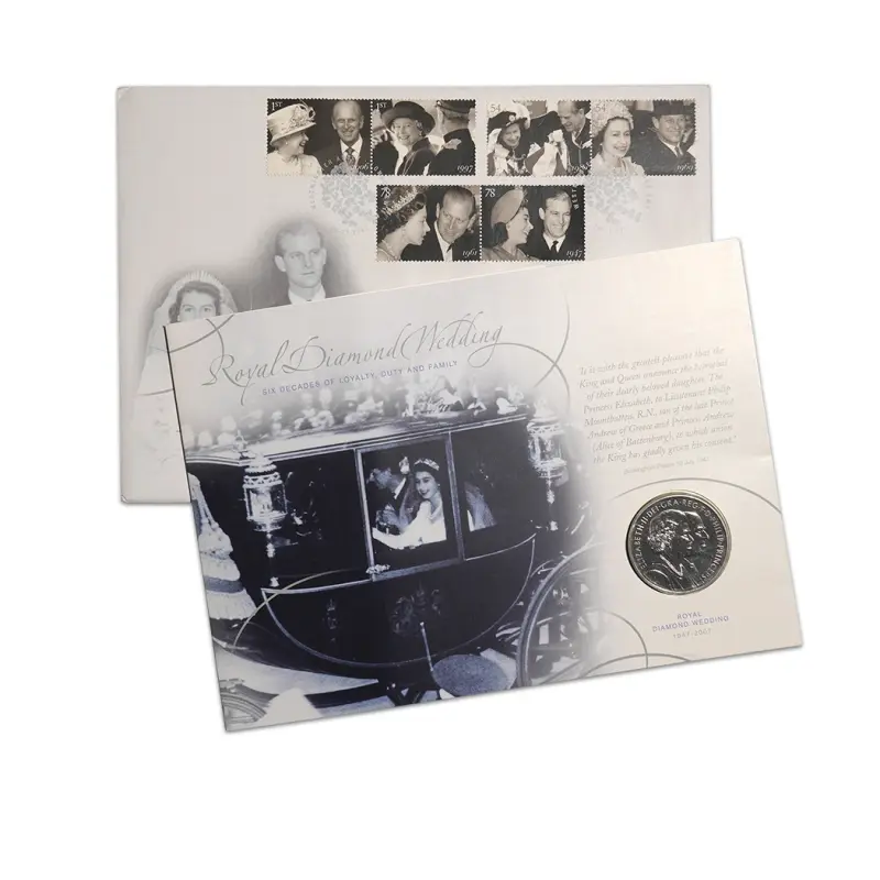 Royal Diamond Wedding Anniversary 2007 5£ BU Coin with Stamps