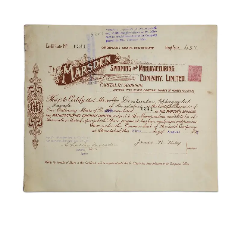 The Marsden Share Certificate 1920 - 1959